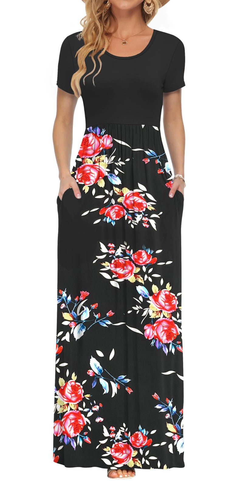 AUSELILY Women's Short Sleeve Loose Plain Casual Long Maxi Dresses for Women 2026 Rose Black S - Image 1